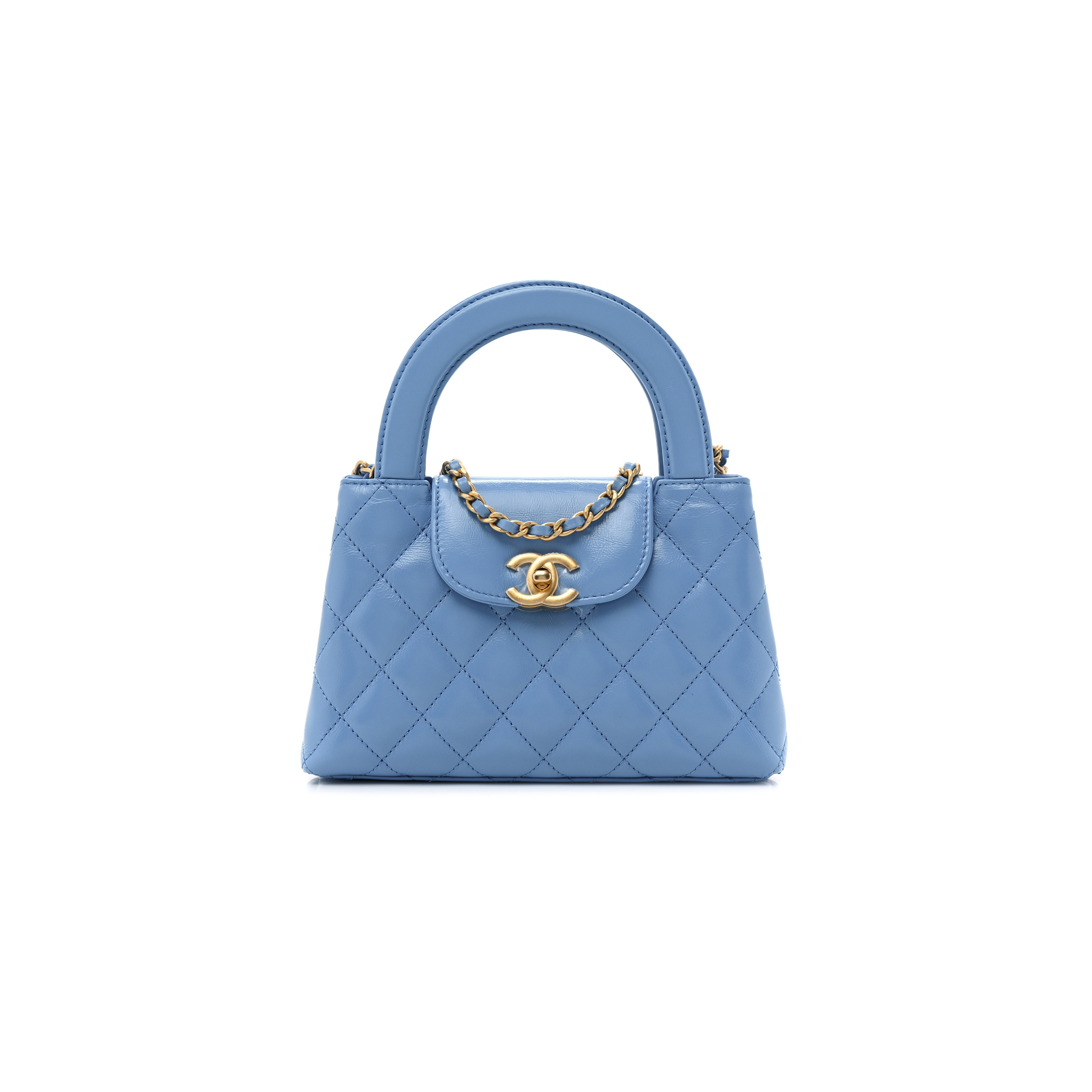 CHANEL SHINY CALFSKIN QUILTED NANO KELLY SHOPPER BLUE AS4416 (19*13*7cm)